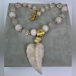 Pink quartz necklace with carved pink quartz leaf pendant 12 1/2 “ drop (approx)